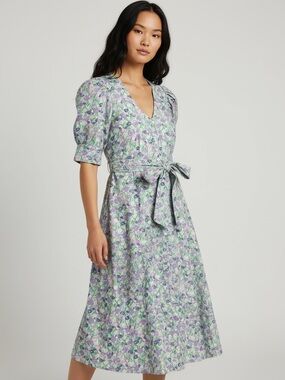 NWT Buru Floral Puff-Sleeve Midi Shirtdress with Sash Belt